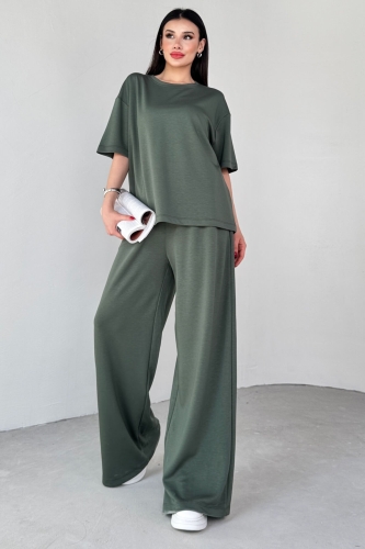 TKM-1113 Haki Modal Kumaş Yarım Kol Basic Bluz Palazzo Bel Lastikli Alt İkili Takım - 7