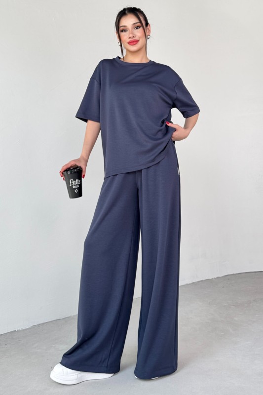 TKM-1113 Lacivert Modal Kumaş Yarım Kol Basic Bluz Palazzo Bel Lastikli Alt İkili Takım - 1