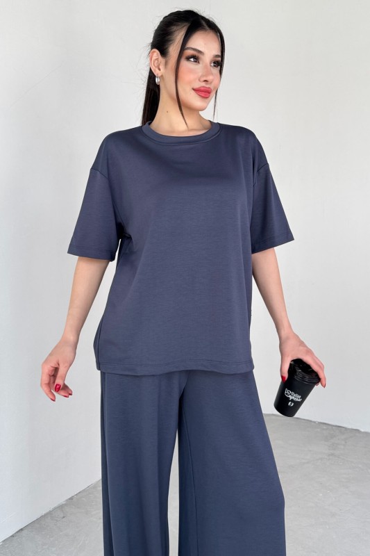 TKM-1113 Lacivert Modal Kumaş Yarım Kol Basic Bluz Palazzo Bel Lastikli Alt İkili Takım - 2