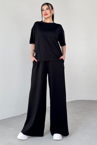TKM-1113 Siyah Modal Kumaş Yarım Kol Basic Bluz Palazzo Bel Lastikli Alt İkili Takım 