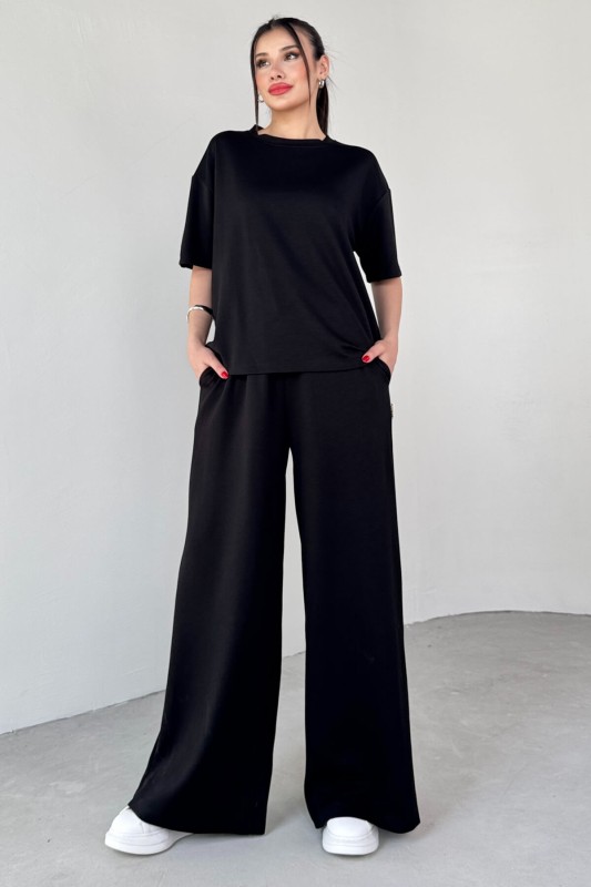 TKM-1113 Siyah Modal Kumaş Yarım Kol Basic Bluz Palazzo Bel Lastikli Alt İkili Takım - 1