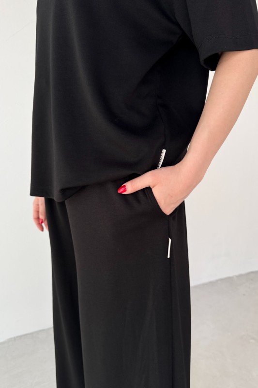 TKM-1113 Siyah Modal Kumaş Yarım Kol Basic Bluz Palazzo Bel Lastikli Alt İkili Takım - 2