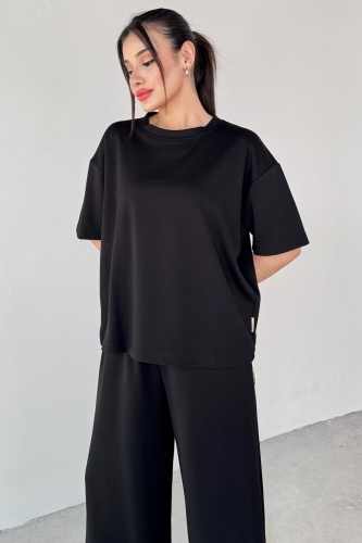 TKM-1113 Siyah Modal Kumaş Yarım Kol Basic Bluz Palazzo Bel Lastikli Alt İkili Takım - 3