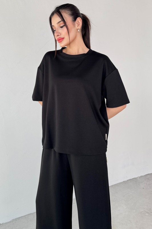 TKM-1113 Siyah Modal Kumaş Yarım Kol Basic Bluz Palazzo Bel Lastikli Alt İkili Takım - 3