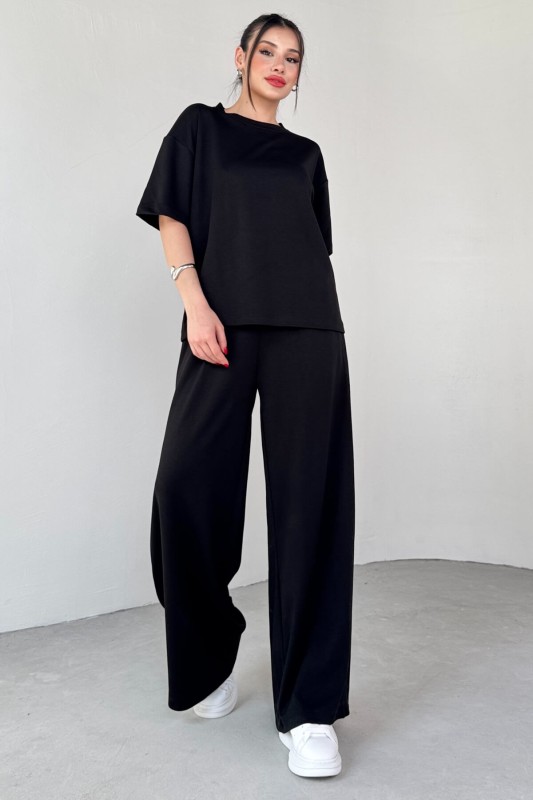 TKM-1113 Siyah Modal Kumaş Yarım Kol Basic Bluz Palazzo Bel Lastikli Alt İkili Takım - 4
