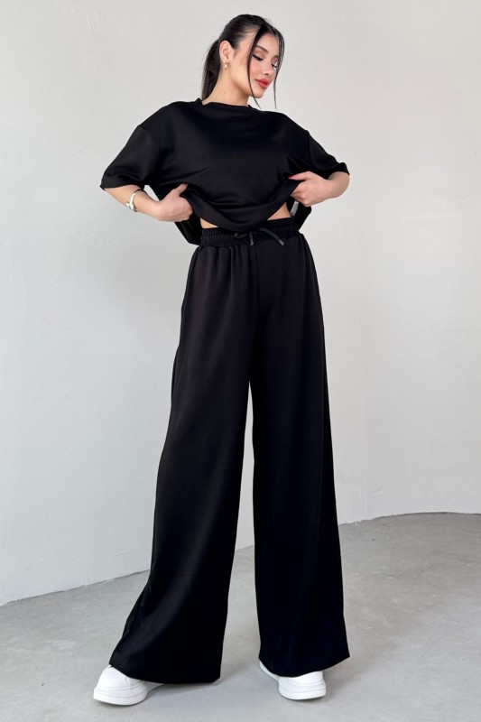 TKM-1113 Siyah Modal Kumaş Yarım Kol Basic Bluz Palazzo Bel Lastikli Alt İkili Takım - 5