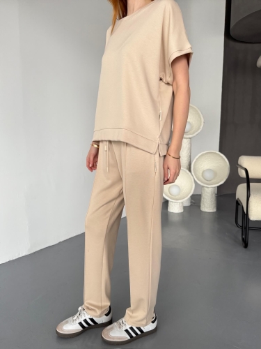 TKM-1114 Bej Rengi Modal Kumaş Kısa Kollu Bluz Havuç Model Çimalı Alt İkili Takım - 4