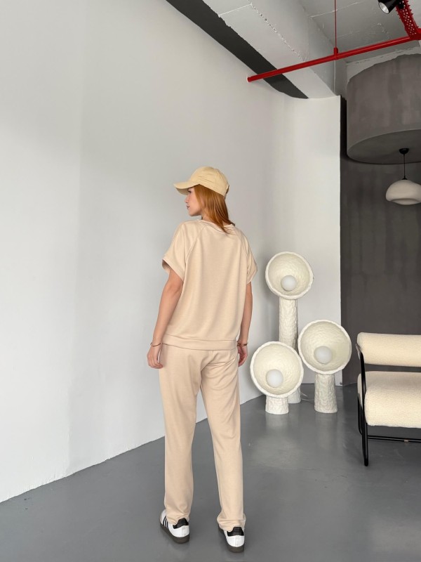 TKM-1114 Bej Rengi Modal Kumaş Kısa Kollu Bluz Havuç Model Çimalı Alt İkili Takım - 6