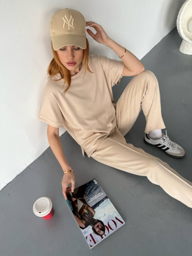 TKM-1114 Bej Rengi Modal Kumaş Kısa Kollu Bluz Havuç Model Çimalı Alt İkili Takım - 3