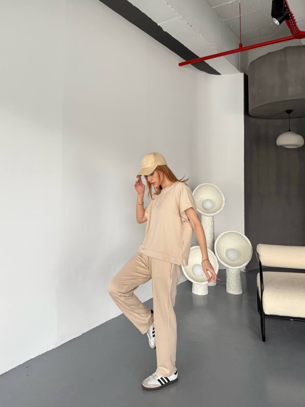 TKM-1114 Bej Rengi Modal Kumaş Kısa Kollu Bluz Havuç Model Çimalı Alt İkili Takım - 5