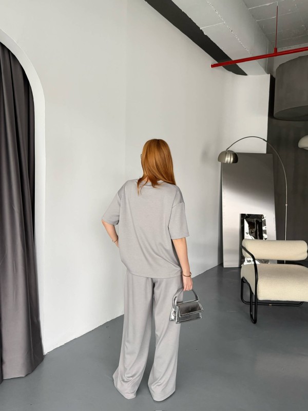 TKM-1114 Boyama Gri Oysh Kumaş Kısa Kollu Bluz Havuç Model Çimalı Alt İkili Takım