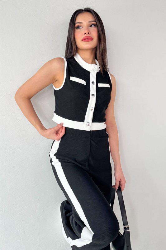 TKM-13253 Siyah Beyaz Şeritli Çıtçıtlı Yelek Pantolon İkili Takım - 9