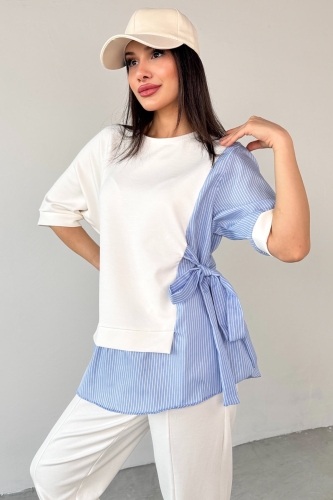 Cappmoda - TKM-13254 Beyaz Gömlekli Kuşaklı Bluz Lastikli Pantolon İkili Takım (1)