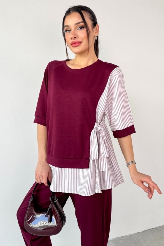 Cappmoda - TKM-13254 Bordo Gömlekli Kuşaklı Bluz Lastikli Pantolon İkili Takım (1)