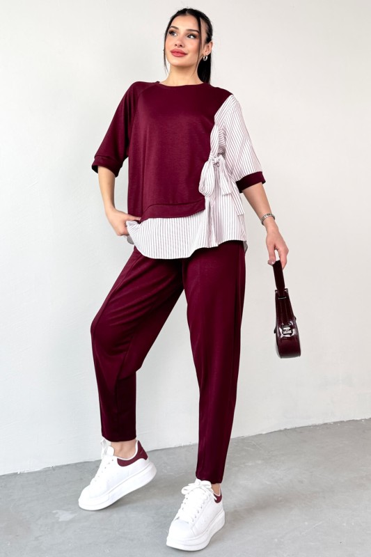 TKM-13254 Bordo Gömlekli Kuşaklı Bluz Lastikli Pantolon İkili Takım