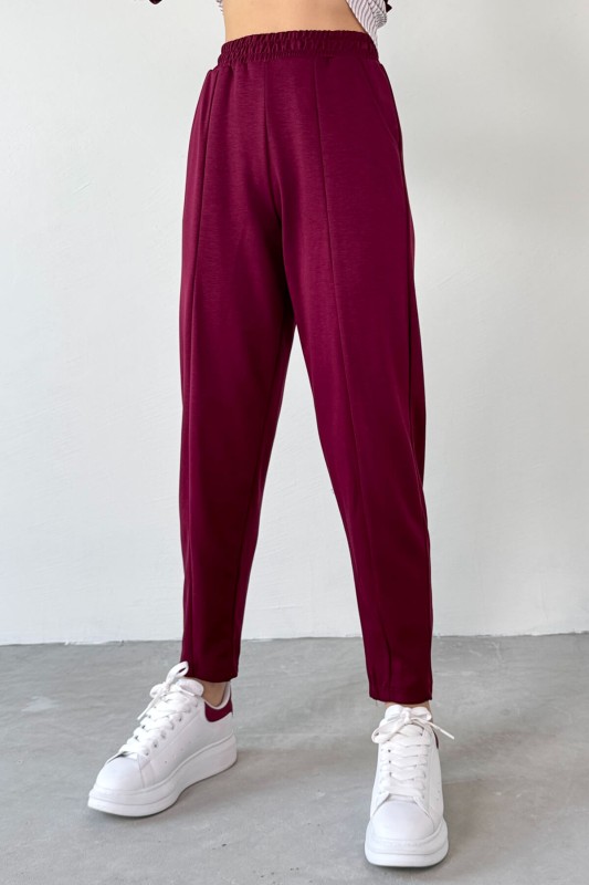 TKM-13254 Bordo Gömlekli Kuşaklı Bluz Lastikli Pantolon İkili Takım