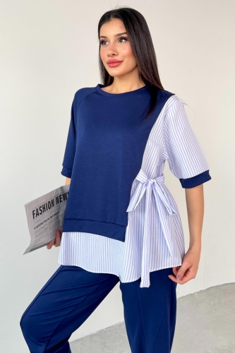 Cappmoda - TKM-13254 Lacivert Gömlekli Kuşaklı Bluz Lastikli Pantolon İkili Takım (1)