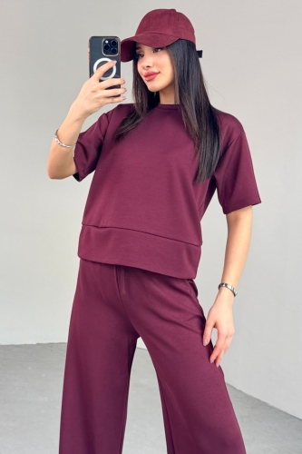 Cappmoda - TKM-13255 Bordo Yarım Kol Bluz Boru Paça Pantolon İkili Takım (1)