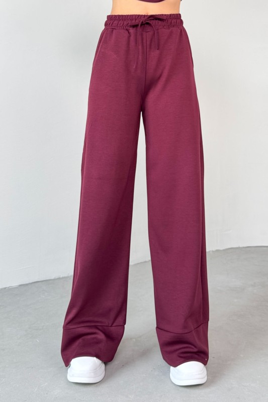 TKM-13255 Bordo Yarım Kol Bluz Boru Paça Pantolon İkili Takım