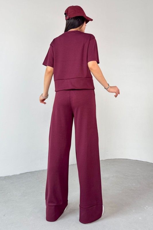 TKM-13255 Bordo Yarım Kol Bluz Boru Paça Pantolon İkili Takım