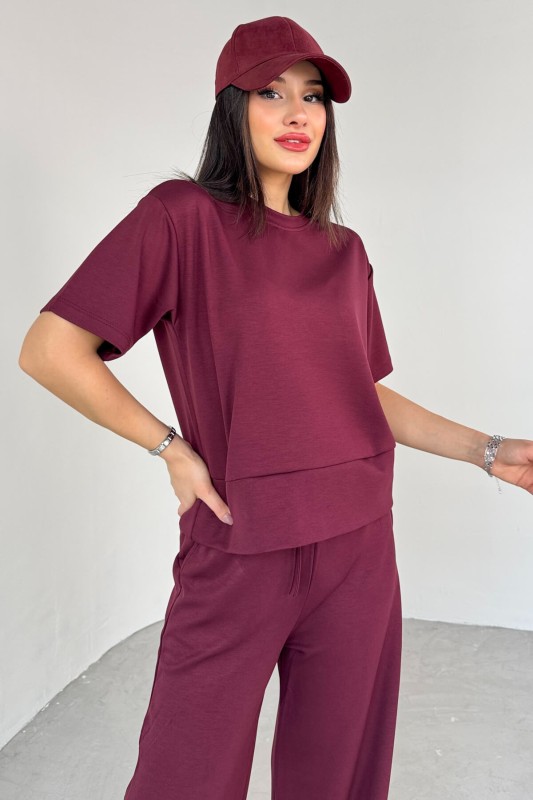 TKM-13255 Bordo Yarım Kol Bluz Boru Paça Pantolon İkili Takım