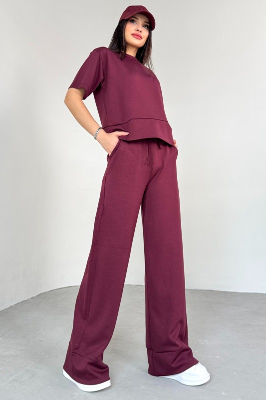 TKM-13255 Bordo Yarım Kol Bluz Boru Paça Pantolon İkili Takım