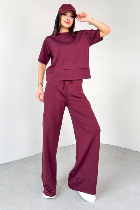 TKM-13255 Bordo Yarım Kol Bluz Boru Paça Pantolon İkili Takım
