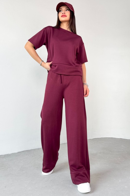 TKM-13255 Bordo Yarım Kol Bluz Boru Paça Pantolon İkili Takım