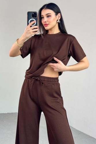 Cappmoda - TKM-13255 Kahverengi Yarım Kol Bluz Boru Paça Pantolon İkili Takım (1)