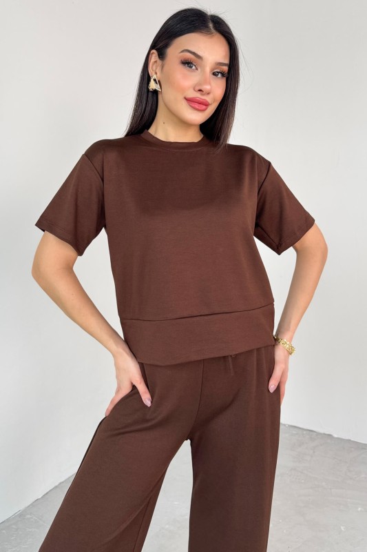 TKM-13255 Kahverengi Yarım Kol Bluz Boru Paça Pantolon İkili Takım