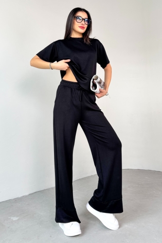 Cappmoda - TKM-13255 Siyah Yarım Kol Bluz Boru Paça Pantolon İkili Takım (1)