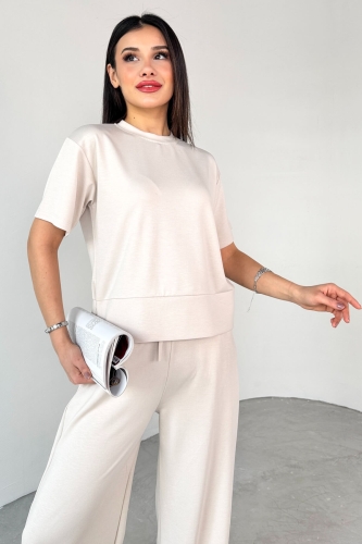 Cappmoda - TKM-13255 Taş Rengi Yarım Kol Bluz Boru Paça Pantolon İkili Takım (1)