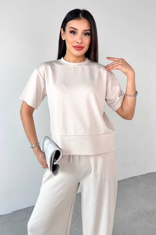 TKM-13255 Taş Rengi Yarım Kol Bluz Boru Paça Pantolon İkili Takım