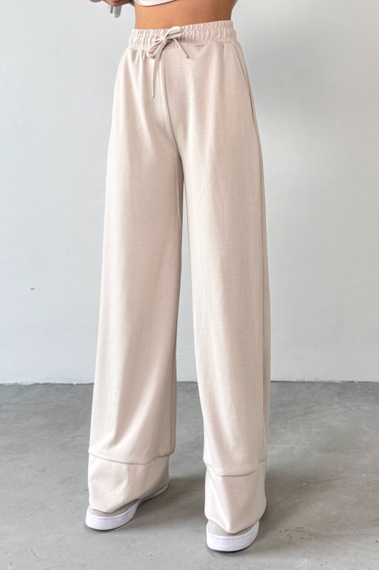 TKM-13255 Taş Rengi Yarım Kol Bluz Boru Paça Pantolon İkili Takım