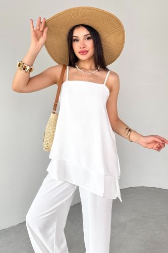 Cappmoda - TKM-13256 Beyaz İp Askılı Bluz Salaş Pantolon İkili Takım (1)