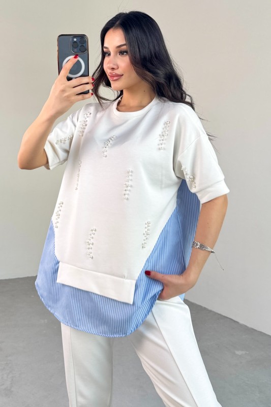 TKM-13258 Beyaz İncili Gömlek Detay Bluz Salaş Pantolon İkili Takım