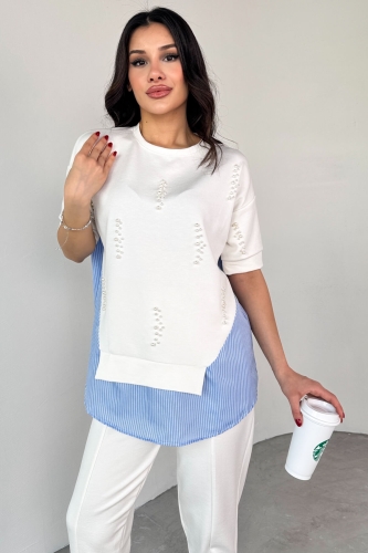 Cappmoda - TKM-13258 Beyaz İncili Gömlek Detay Bluz Salaş Pantolon İkili Takım (1)