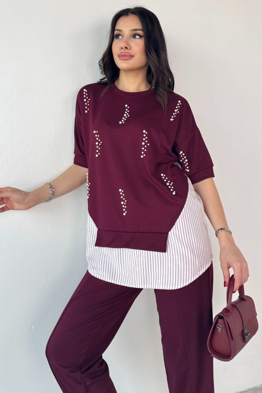 TKM-13258 Bordo İncili Gömlek Detay Bluz Salaş Pantolon İkili Takım