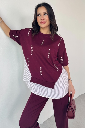 Cappmoda - TKM-13258 Bordo İncili Gömlek Detay Bluz Salaş Pantolon İkili Takım (1)