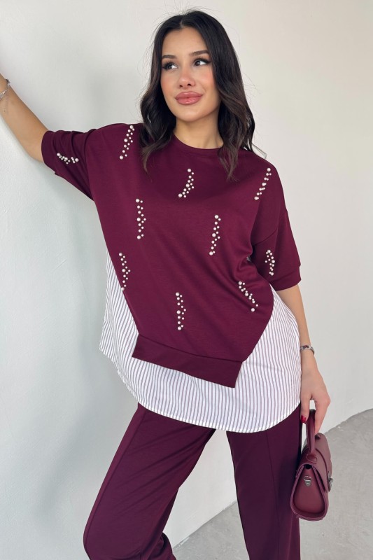 TKM-13258 Bordo İncili Gömlek Detay Bluz Salaş Pantolon İkili Takım