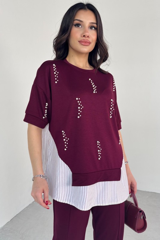 TKM-13258 Bordo İncili Gömlek Detay Bluz Salaş Pantolon İkili Takım