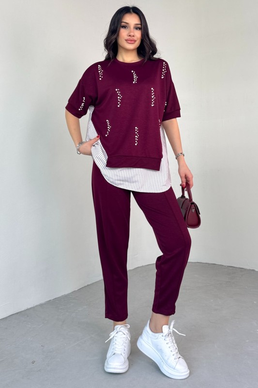 TKM-13258 Bordo İncili Gömlek Detay Bluz Salaş Pantolon İkili Takım
