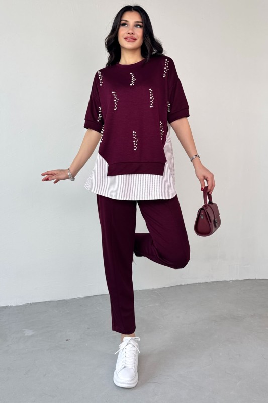 TKM-13258 Bordo İncili Gömlek Detay Bluz Salaş Pantolon İkili Takım