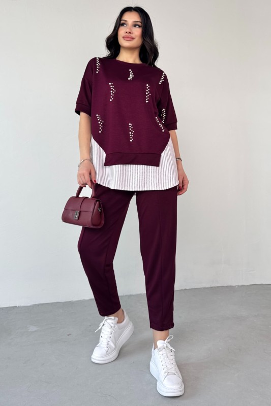 TKM-13258 Bordo İncili Gömlek Detay Bluz Salaş Pantolon İkili Takım