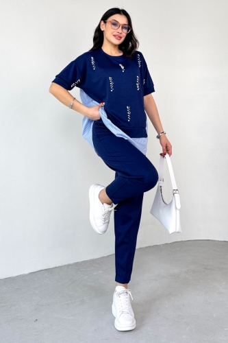 Cappmoda - TKM-13258 Lacivert İncili Gömlek Detay Bluz Salaş Pantolon İkili Takım (1)