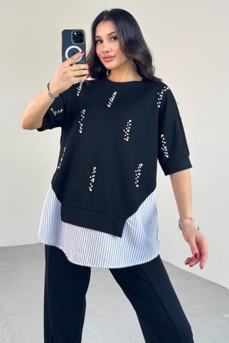 Cappmoda - TKM-13258 Siyah İncili Gömlek Detay Bluz Salaş Pantolon İkili Takım (1)