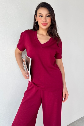 Cappmoda - TKM-13261 Bordo V Yaka Tişört Yüksek Bel Salaş Pantolon İkili Takım (1)