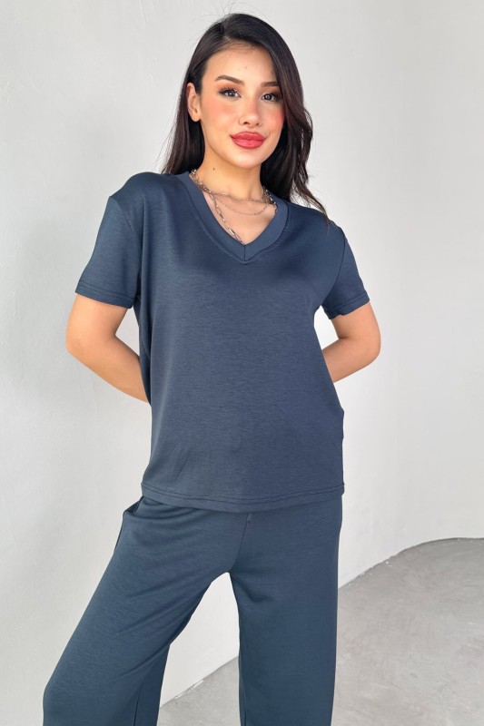 TKM-13261 Füme V Yaka Tişört Yüksek Bel Salaş Pantolon İkili Takım
