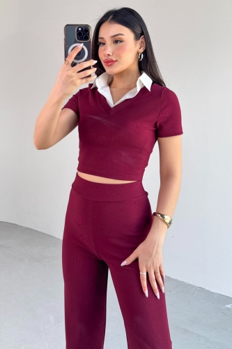 TKM-13264 Bordo Gömlek Detay Crop Bluz Yüksek Bel Pantolon İkili Takım - 5