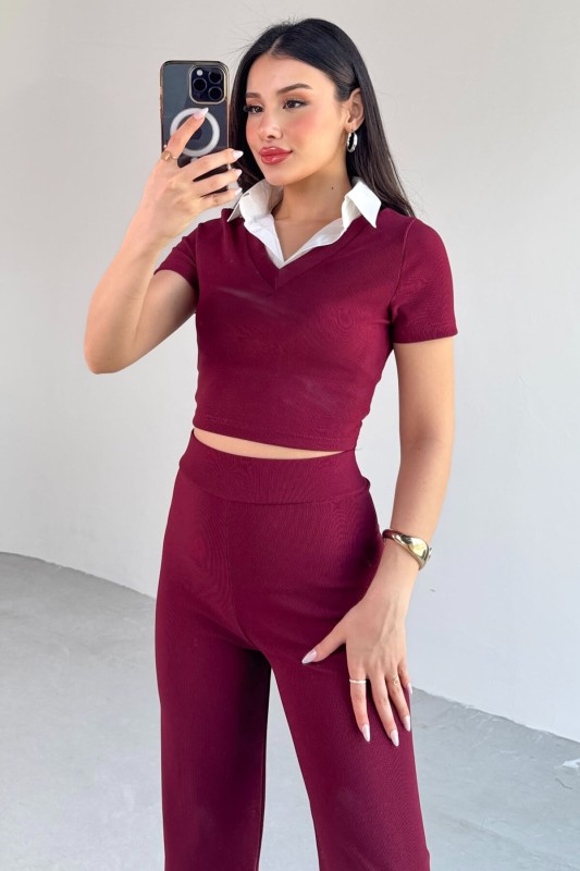 TKM-13264 Bordo Gömlek Detay Crop Bluz Yüksek Bel Pantolon İkili Takım - 5
